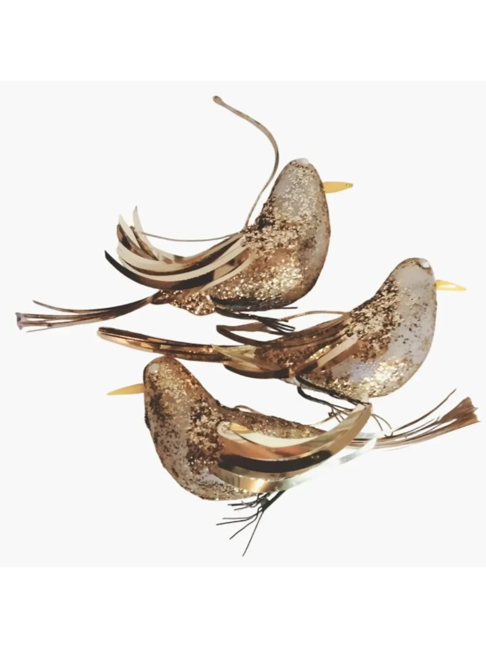 Gold Glitter Bird Ornaments Foil Feather Vintage Holiday Décor Lot 3